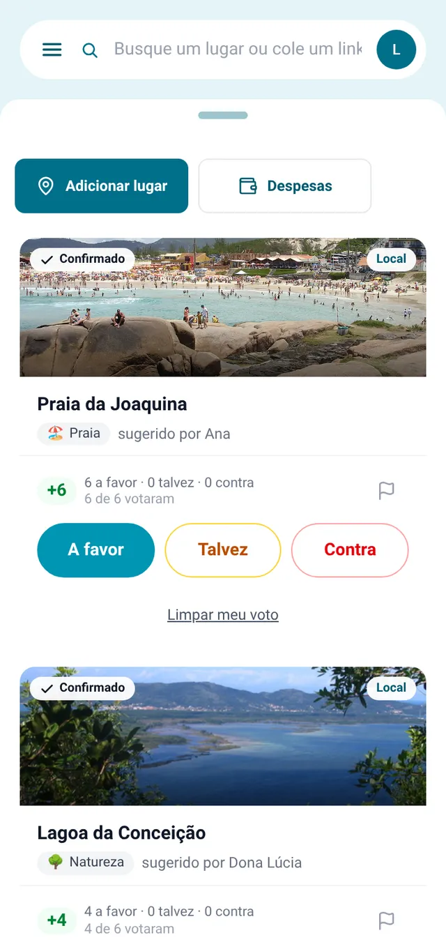 Tela do Topa Aí no celular: lugares da viagem com foto e votos do grupo. A Praia da Joaquina tem 6 votos a favor, de 6 pessoas.